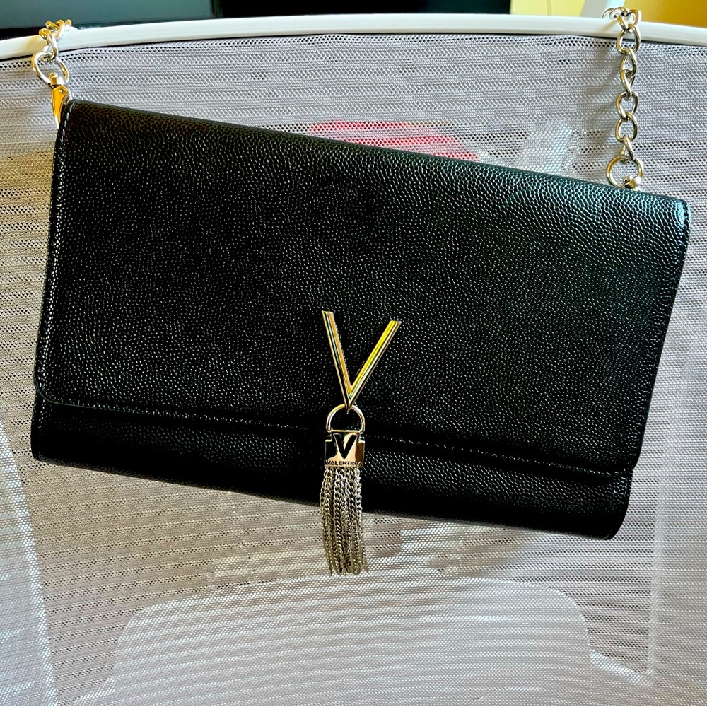 Valentino Black Pebbled Leather Chain Purse/Large Wallet